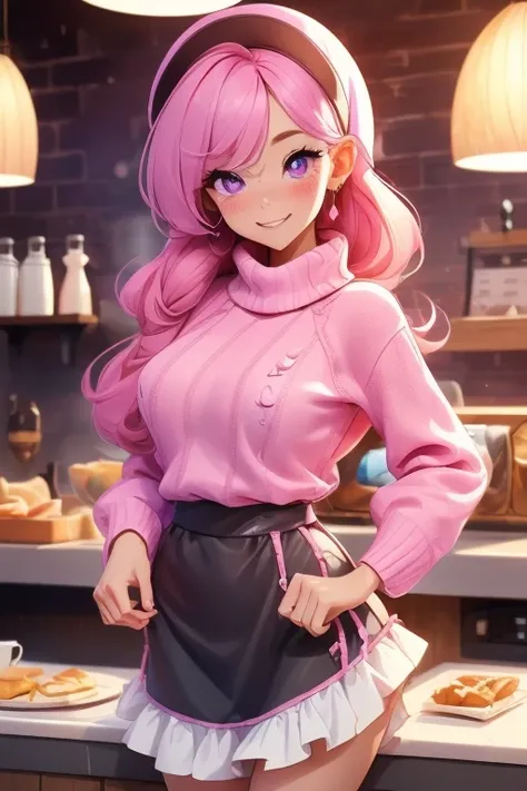 Perfect face. Perfect hand. A pink haired woman with violet eyes and an hourglass figure in a cute sweater and frilly skirt is smiling while making breakfast sandwiches at a coffee shop

