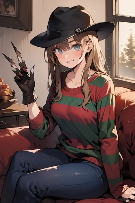 Female Freddy Krueger, anime girl, long blonde wavy hair,blue eyes, mischievous smile, tattered brown leather fedora, tattered red-green stripes sweater,brown leather gloves,long sharp metal claws, torn denim pants, night time, forest background 