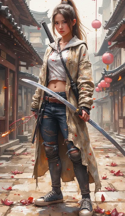 Create watercolour splash art style. A beautiful woman wearing a sweater complete with pants, converse shoes. While holding a katana. Looks injured and clothes are shabby, dirty and torn. Standing to the side while looking forward. Fierce facial reaction a...