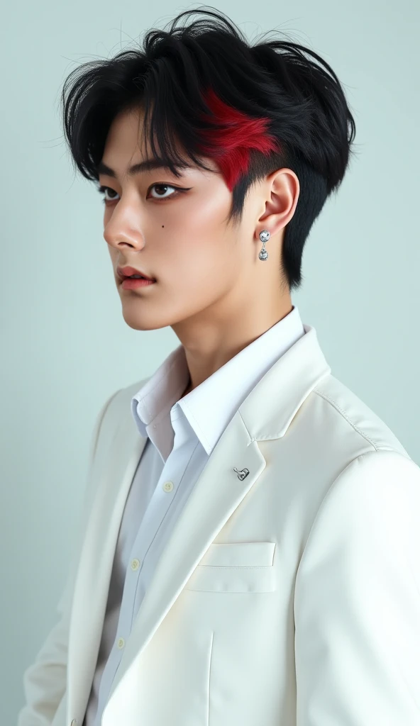 "A 23-year-old Korean man in a profile view, facing to the right, wearing an elegant all-white outfit consisting of a white blazer over a plain white shirt, with no tie, captured from the belly up on a transparent PNG background. The composition is framed ...