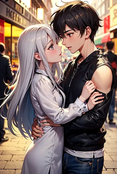 Create an anime cartoon image of a teenage girl with gray hair, another a teenage boy with golden brown hair, a couple in love. Beautiful city center background with lights with leaves.