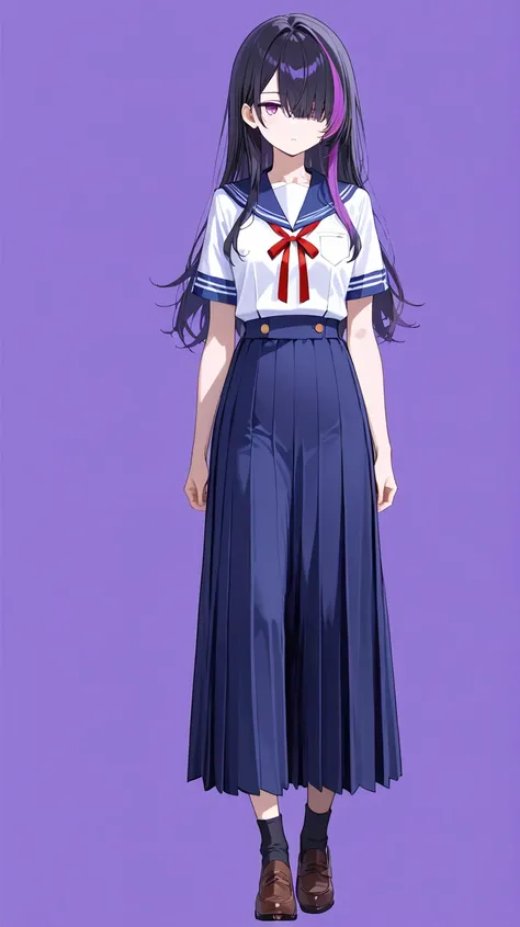 masterpiece, high quality, standing, full body, simple background, (simple white background:1.5), (1 girl), (front view:1.5), overall character portrayal, [mysterious girl], , 
school uniform, sailor suit, traditional Japanese style with navy blue and whit...