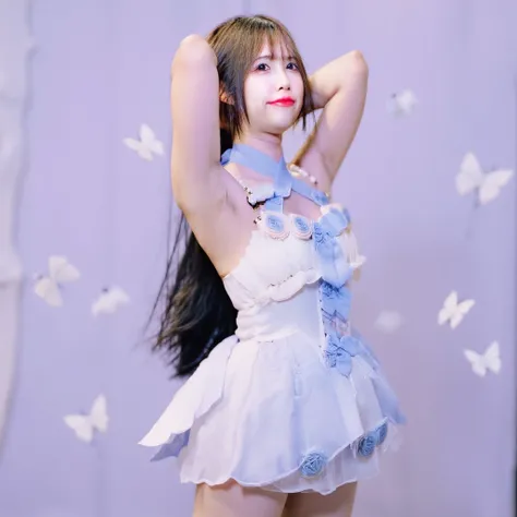  An Idol Girl, dark skinned.  Long Black Hair and Bangs,  Fluffy Dark Brown Eyes .  Fluffy Face Cheeks In Lightly Pink Tones,  Soft Reddish Lips 1 ,66 tall. scenario: Stage with purple lights It's lilac with several white butterflies. Dressed in a White To...