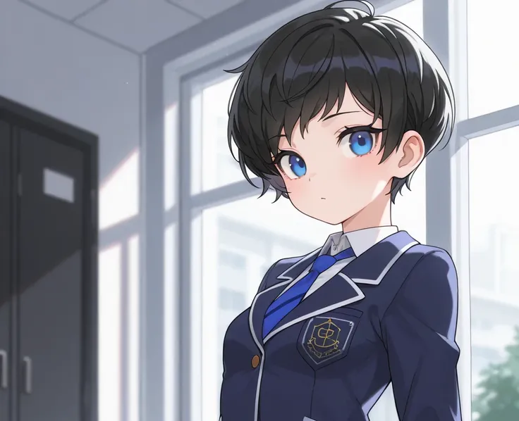  best quality, blue eyes,  pixie cut , ( small breasts),  blazer uniform