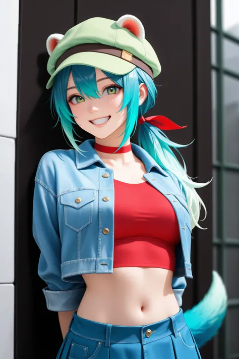 1girl, animal ear headwear, arms behind back, aqua hair, blue jacket, breasts, cabbie hat, choker, cropped shirt, denim, denim jacket, gradient hair, green eyes, green hat, grin, hair between eyes, hat, light blue hair, light green hat, looking at viewer, ...