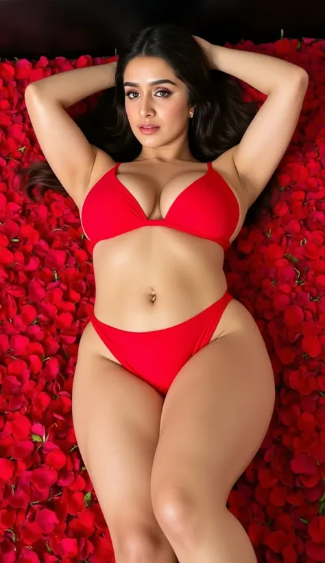 indian sexy girl Nude,, nude, naked. Beautiful eyes wearing heavy masscara,red dark lipstick,deep massive cleavage . Laying on a bed of red rose petals all over the bed with both hands streching up above the head, honeymoon scene, open legs, navel, pussy, ...