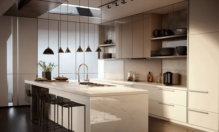 Modern kitchen design, luxurious interior, ((high resolution image, 8k, detailed anatomy of each object, rough surface, super detailed, super realistic, beautiful) spotless , surreal , spacious space , full light