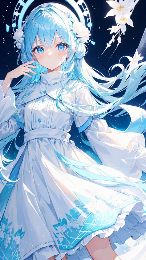 (Ultra high quality), (Extremely delicate and beautiful), Anime Girl， Light Blue Hair ， winter clothes， white ，Flower headdress，(Clear edge of clothes)，Diverse backgrounds， Diverse gestures， Diverse facial expressions，Diverse emotion 