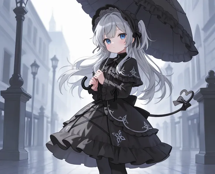  gothic lolita、Gray Hair、 half twin tail、 standing picture、parasol、blue eyes