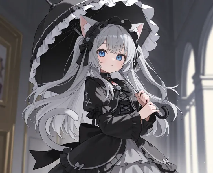  gothic lolita、Gray Hair、 half twin tail、 standing picture、parasol、blue eyes