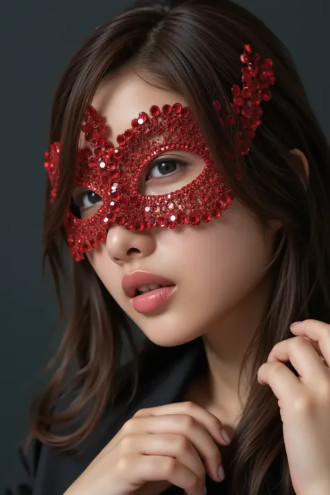 1woman, A close-up of a woman's face with a decorative mask adorned with shimmering red gemstones. The mask covers her left eye, leaving the right one in full view. The eye is accentuated with dark makeup, and her lips have a subtle nude shade. The mask is...