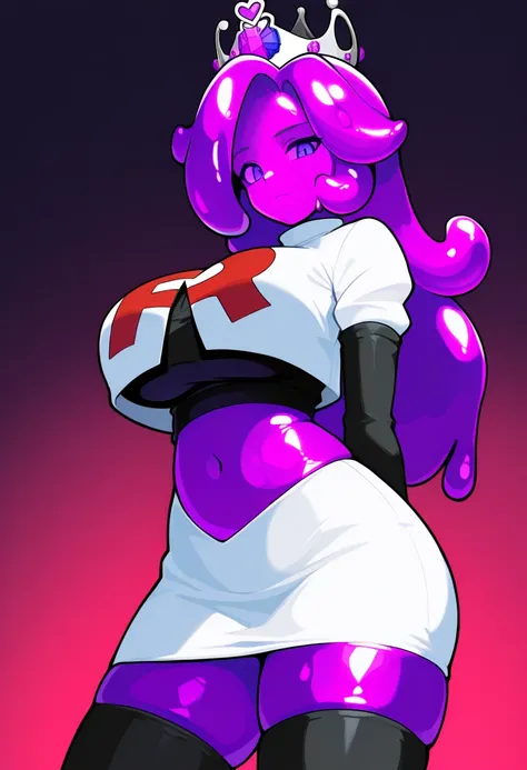 masterpiece, best quality, 1girl, solo, looking at viewer, queenslime, long hair, crown, colored skin, slime girl, large breasts, curvy, purple hair, team rocket,team rocket uniform,white skirt,red letter R,crop top,black thigh-highs,black elbow gloves, co...