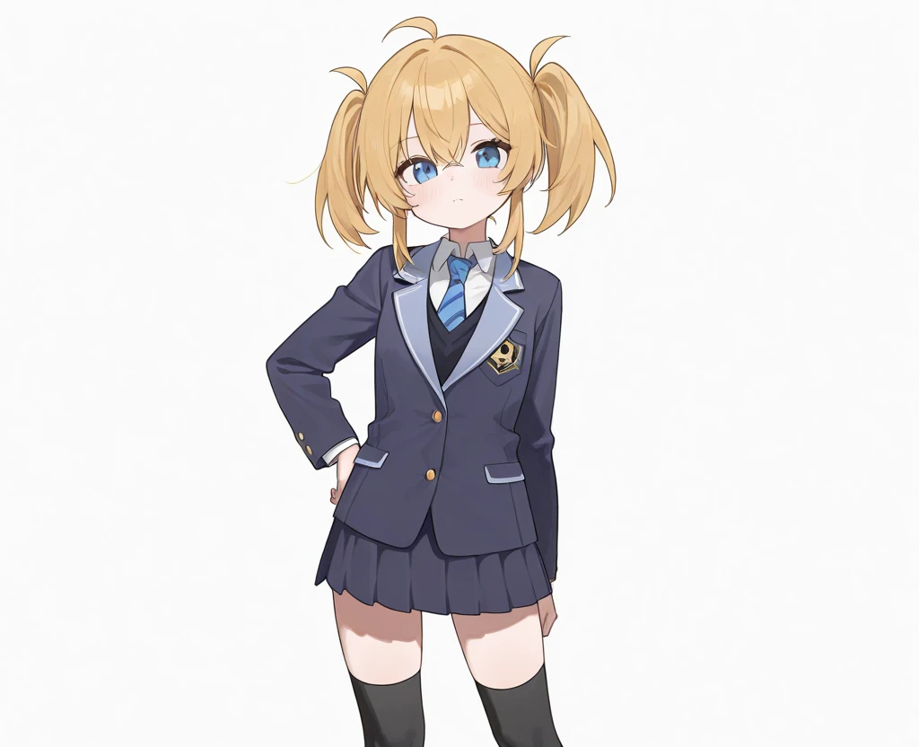  standing picture、 white background、 blazer uniform、 ties、 black over the knee socks 、 miniskirt、 twin tails