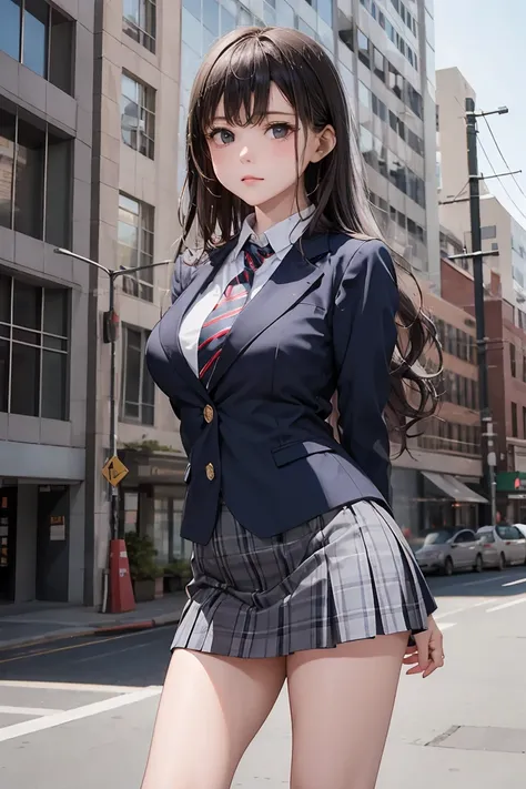  wavy long hair ,  black hair,A girl is posing for a photo shoot,   Navy Blue Blazer Uniform   ,    white shirt,   Wearing Red and Grey Striped Neckties  ,    gray plaid skirt with both knees ,  big breasts  , Outdoor urban environments  ,   natural light,...