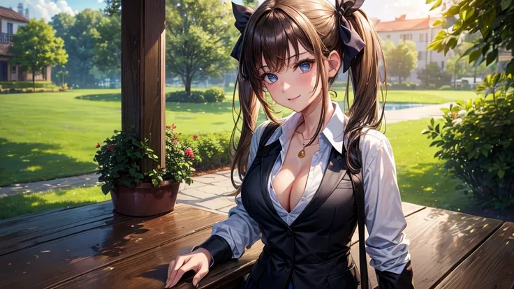 1girl, summer, trees, house, fantasy landscape, water, light brown hair, twintail, large full breasts, dark blue eyes, ((black blazer)), ((white silk shirt)), ((unbuttoned shirt)), ((unbuttoning shirt)), (cleavage), black skirt, smile, looking at the viewe...