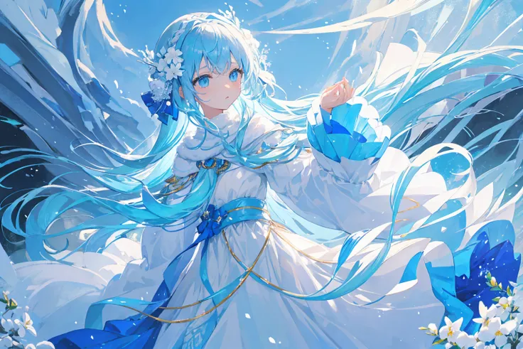 (Ultra high quality), (Extremely delicate and beautiful), Anime Girl， Light Blue Hair ， winter clothes， white ，Flower headdress，(Clear edge of clothes)，Diverse backgrounds， Diverse gestures， Diverse facial expressions，Diverse emotion ，Interesting angles