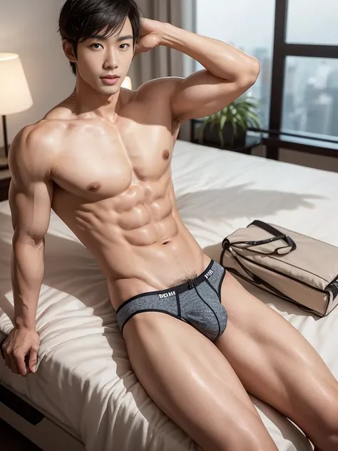 Asian man in a sexy bikini, handsome man, handsome guy, handsome asian man, Full Body Shoot, male underwear, briefs, detailed facial parts, Manly, Charmer, Active Boy, looking at the viewer, lying down on the bed, legs opened, harness, mouth opened, perfec...