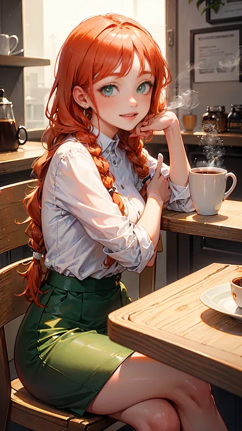 ((best quality)), ((masterpiece)), (detailed), 1girl, random clothes, twin-braids orange-reddish hair, green eyes, some freckles on her cheeks, smile to viewer, night, in the coffee shop, sitting across table from the viewer, on the table is a cup of steam...