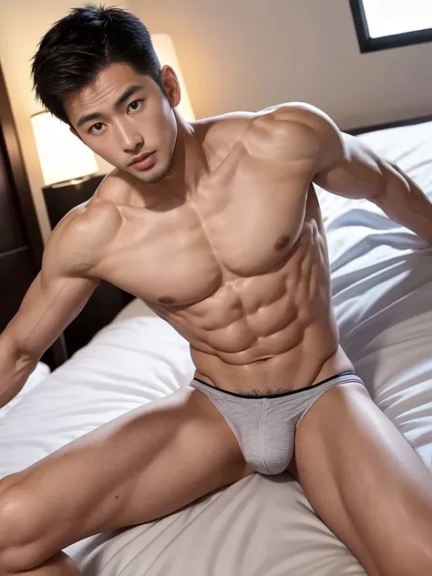 Asian man in a sexy bikini, handsome man, handsome guy, handsome asian man, Full Body Shoot, male underwear, briefs, detailed facial parts, Manly, Charmer, Active Boy, looking at the viewer, lying down on the bed, legs opened, harness, mouth opened, perfec...