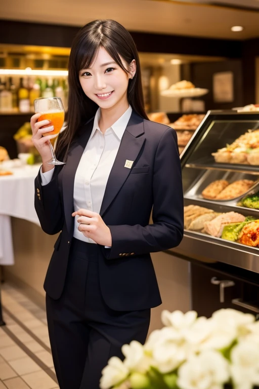 Beautiful female staff like models in 、 suits serve customers with a smile at a Showa buffet restaurant