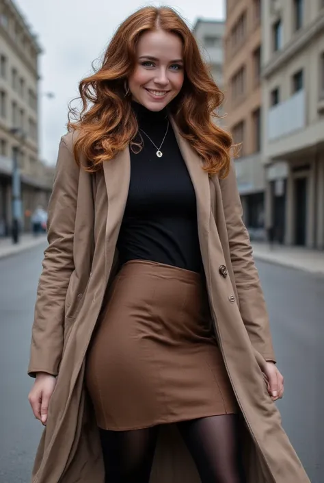 21 year old woman Beautiful instagram influencer Blue-eyed auburn with face first, Miniskirt, Black pantyhose, black sweater, brown coat, looks happy, remote shot on the street, full body