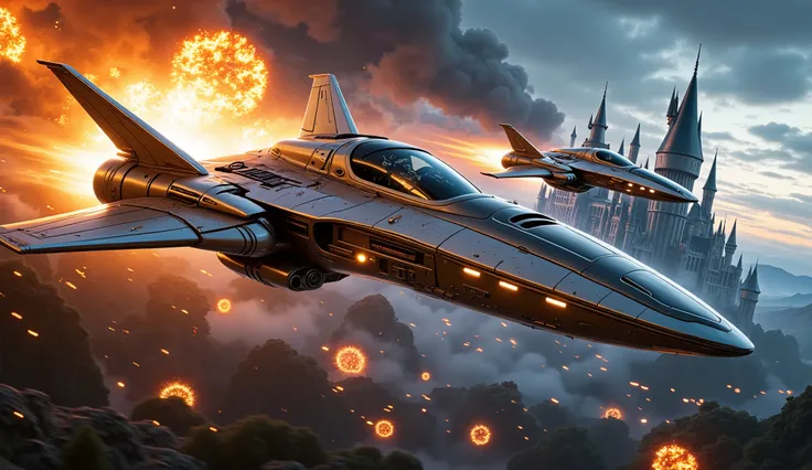 Pursuit of two futuristic spaceships with Hogwarts Castle in the background and explosions.