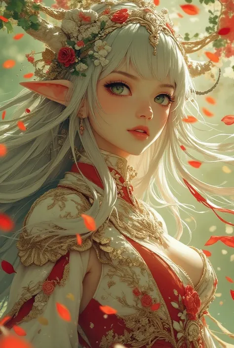 amano yoshitaka style, 1girl, solo, female dark elf, silver long Hair, green eyes, (beautiful eyes, details eyes), pointy ears, Shiny skin, Glossy lips, seductive smile, Beautiful costumes with intricate embroidery, tight skirt, accessories, Red earrings, ...