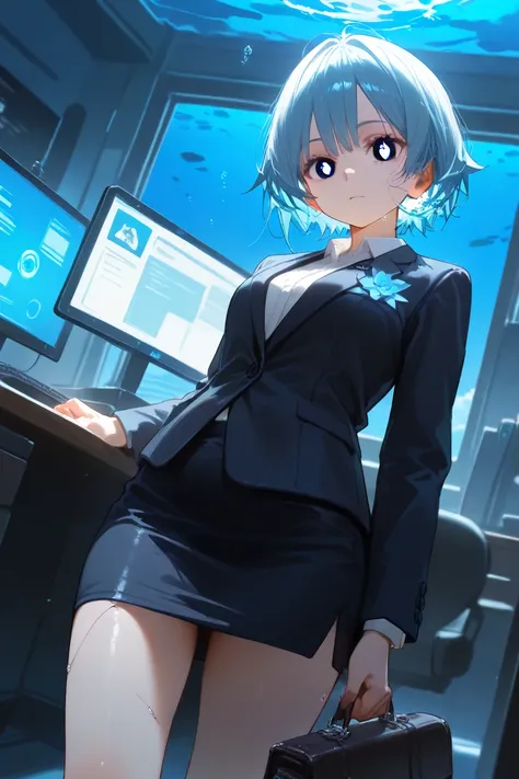  1 girl sitting underwater,  anime style,  Android , female  Android , White body, Black part ,  big eyes,  is cute ,   blue light parts on the face  , Large pupils, White of the eyes,  short hair while on a business trip,  messy hair,  belly long side hai...