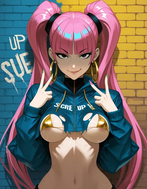 DETAILED, score_9, score_8_up, score_7_up, score_6_up, score_5_up, score_4_up, Anime, (masterpiece), mixed_artwork style, Rebel street girl, mature, sexy, pink hair, long hair, long blunt bangs, twintails, in front of a Grafitti street wall, ((ripped crop ...