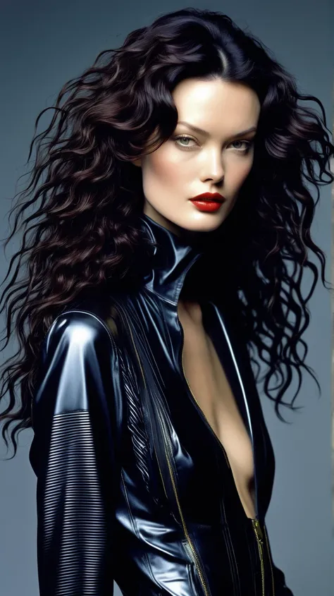 Shalom Harlow, Extremely long big hair, She's in a Cyberpunk-themed photo shoot , In the alternative wave style, Mysterious