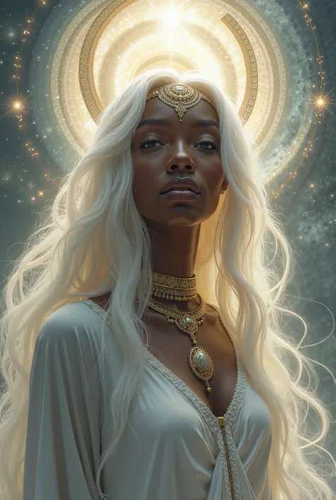 A spiritual goddess. she is black, she has beautiful white hair, a sovereign deity of peace.