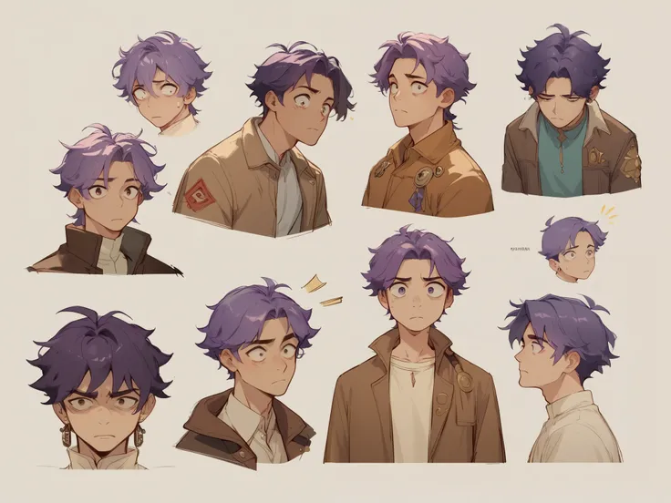  fifteen year old boy, purple hair, humble clothing with brown pants, slightly used brown jacket, Different positions,Different expressions, that all the expressions around the character, as if it were a sketch, Expressions: Happiness, amazement, surprise ...