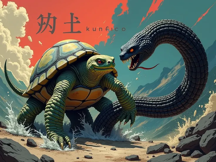 a turtle fighting a black snake in anime style and in the background the name "Kurofiuco"  in large 