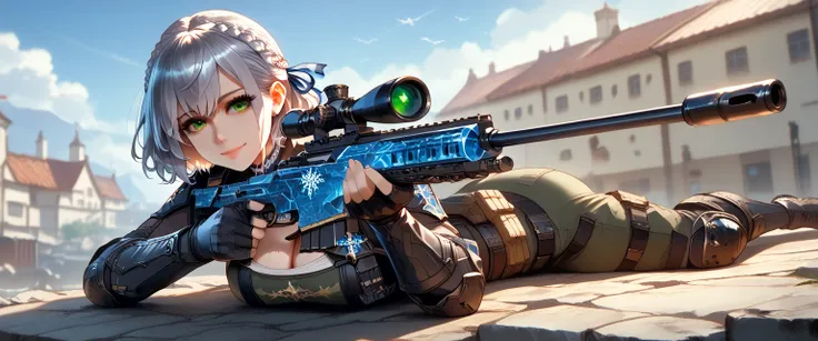 ultra-detailed, 1girl, solo, shirogane noel, (masterpiece)), (best quality), (highres), 16K, braid, french braid, green eyes, grey hair, hair ribbon, ribbon, short hair, snowflake choker, wavy hair, mole, mole on breast, tactical gear, tactical belt, black...