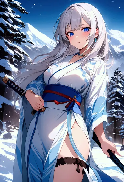 1. Pretty girl,  white hair ,  blue eyes, High quality,  masterpiece super fine,  beautiful, Snow Maiden, Yukata, Snow mountain,  glamour, Wear katana , Characters that feel similar to image hints