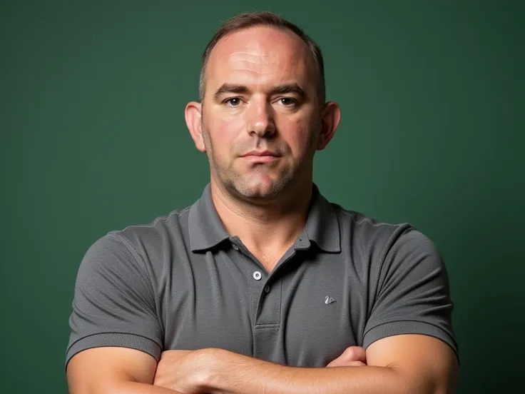 "The image should depict Dana White, creator of the UFC, as a younger man, approximately 35 years old, centered with his arms crossed and wearing a gray polo shirt with folded collars. Dana White should have a tired expression, reflecting the effort and de...