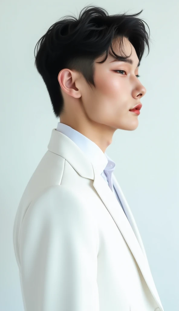 
"A 22-year-old Korean man in a profile view, facing to the right, wearing an elegant all-white outfit consisting of a white blazer over a plain white shirt, with no tie, captured from the belly up on a transparent PNG background. The composition is framed...