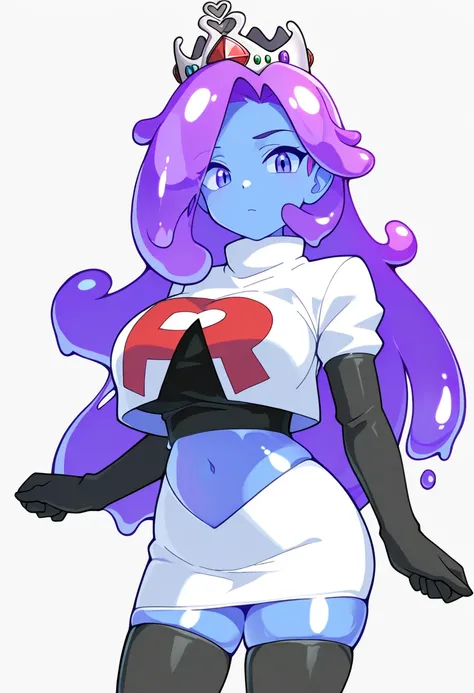 masterpiece, best quality, 1girl, solo, looking at viewer, queenslime, long hair, crown, colored skin, slime girl, large breasts, curvy, purple hair, team rocket,team rocket uniform,white skirt,red letter R,crop top,black thigh-highs,black elbow gloves, co...