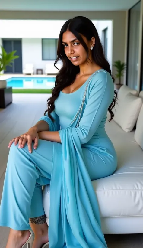 Kim Kardashian sitting, likely of South Asian descent, is wearing a vibrant sky-blue salwar kameez traditional outfit. The kameez (the top) is a smooth, light-blue, slightly textured fabric, with a slightly scooped neckline and long, three-quarter sleeves....