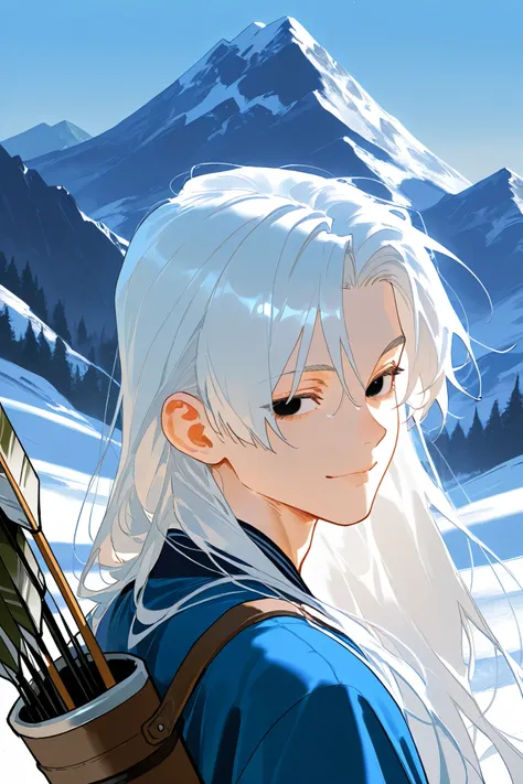 best quality, masterpiece,highest resolution,mountain background, 1male, white hair, long hair, black eyes, blue robe, small smile, quiver,look back, portrait,