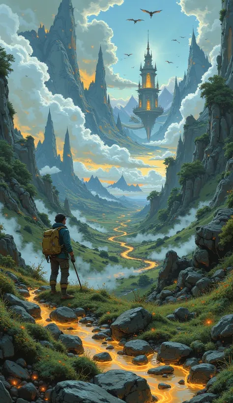 A surreal, epic fantasy scene, a vast otherworldly landscape, explorer man walking, lush rolling hills, towering crystalline mountains, glowing rivers of molten gold, intricate alien flora, bioluminescent mushrooms, dramatic light and shadow, ethereal floa...