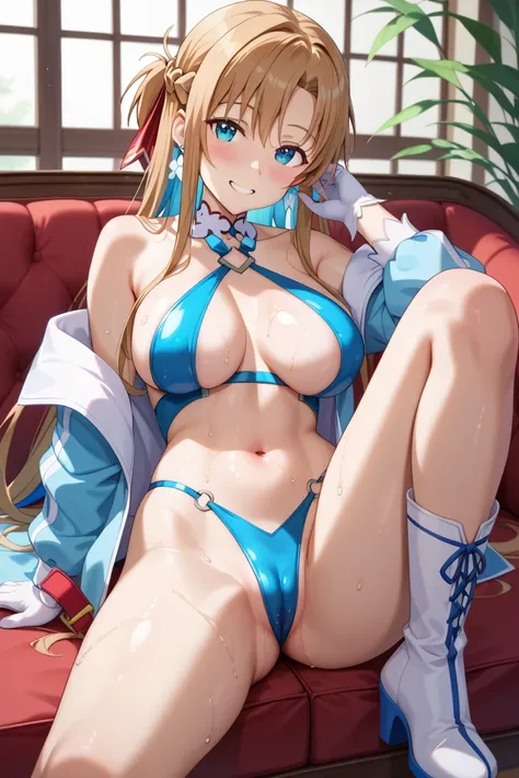 She's taking a naughty pose、 Sword Art Online 、Alone、I'm feeling intense sexual pleasure、 naughty expression 、Naughty eyes、 Yukiko Aikina、((bright blue colored hair))、Bright blue eyes、(  big eyes:1.1)、  beautiful eyes、  textured skin、 slender 、(ALO Asuna c...