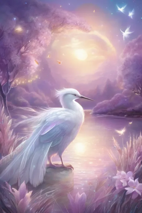 A dreamy, pastel-themed artwork featuring soft glowing lights, gentle cosmic waves, and a serene, magical atmosphere. Delicate white feathers drift gracefully through the scene, representing purity, guidance, and celestial protection. Colors should include...