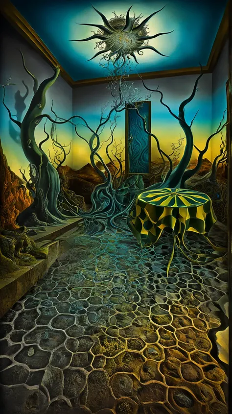 A surreal dream scene featuring a surreal nonsensical room, intricate organic patterns and textures, vibrant colors, mystical symbolism, ethereal lighting, surrealism inspired by salvador dali:1.5, biomorphic forms in the style of Ernst Haeckel, mysticism ...