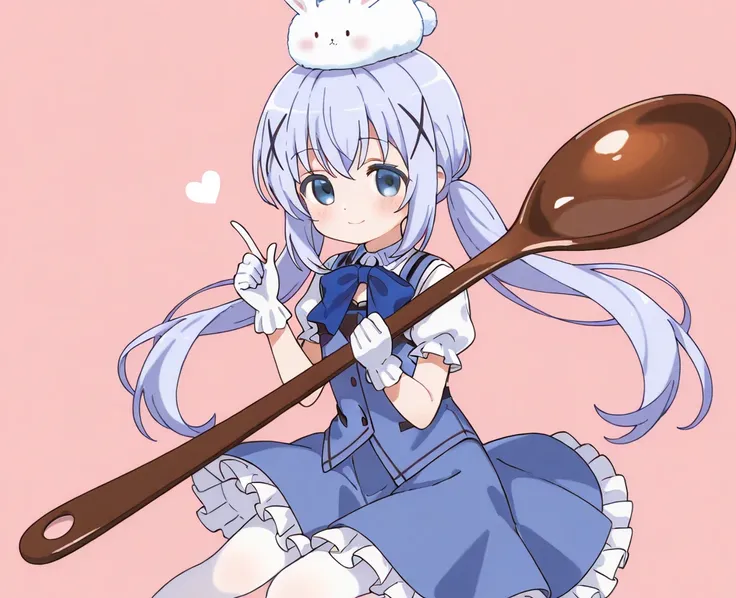 kafuu chino,1girl,animal on head,blue bow,blue bow tie,blue eyes,blue hair,blue skirt,blue vest,blush,bow,bow tie,closed mouth,feet out of frame,frilled skirt,frills,gloves,holding,holding spoon,index finger raised,long hair,looking at viewer,on head,overs...