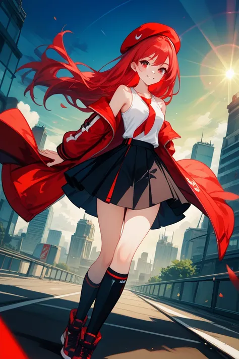 Goddess of victory:Nike(Raffy:red hood), masterpiece, accurate,  High Details,  high quality,  very detailed,  Ultra High Definition,  long hair,  red hair ,  big boobs , smile, Dutch angle,  beret , black and red high waist mini H line skirt, black thigh ...