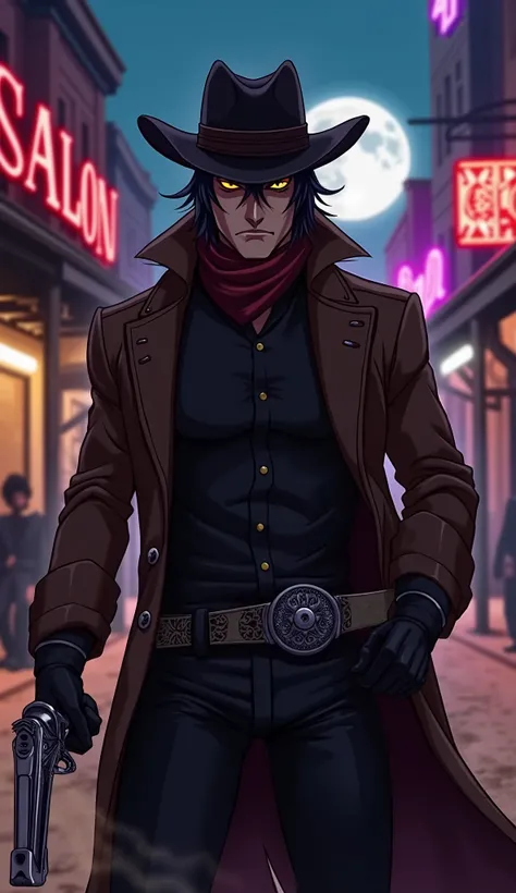 A mysterious and deadly gunslinger with a rugged yet charismatic aura. He wears a dark brown duster coat, slightly tattered at the edges, over a black button-up shirt and fitted leather pants. A wide-brimmed cowboy hat casts a shadow over his sharp, golden...