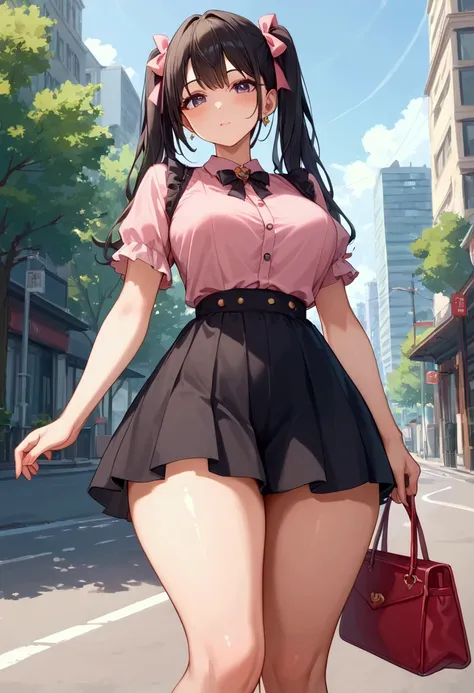  score_9,  score_8_ up,  score_7_ up, source_Anime,  high res images,Masterpiece, best quality, girl , cute face, clean skin, shiny hair, Super Detailed Eyes ,  very sexy,  Big Bust 、 Earth system,  black hair,  twin tails, pink shirt,  black skirt,  thigh...