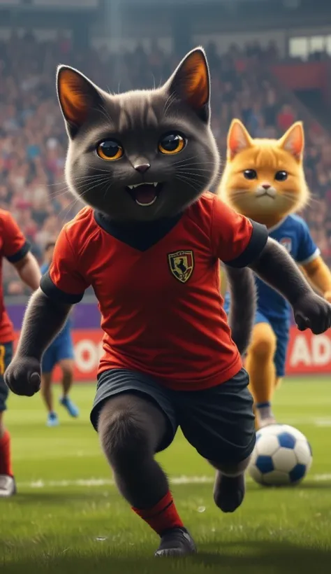 Make the black cat with a happy expression with him and his team all wear a red uniform with black details, Behind him another player on the other side, orange cat , In your blue uniform with white details and a sad expression make a soccer field,  The sta...