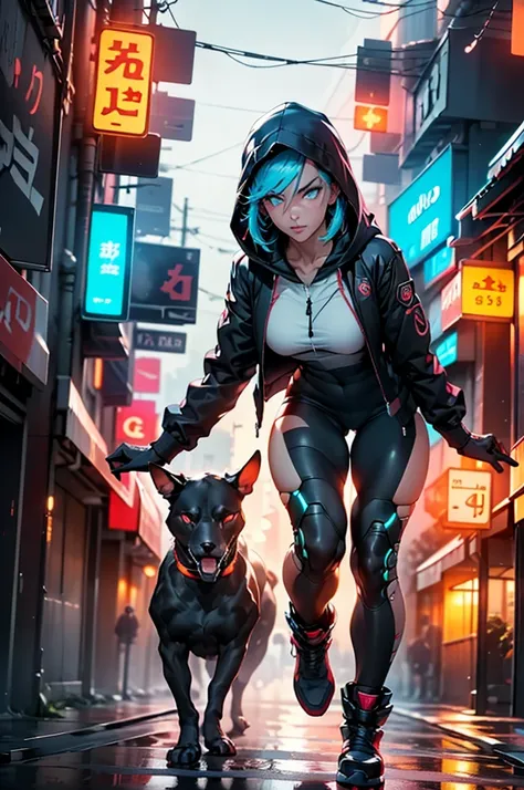 A cyberpunk cityscape drenched in rain, its streets glowing with vivid neon lights reflecting on the wet asphalt. A stunning huntress with piercing cybernetic eyes strides confidently through a narrow alley. Her sleek, form-fitting black bodysuit clings to...